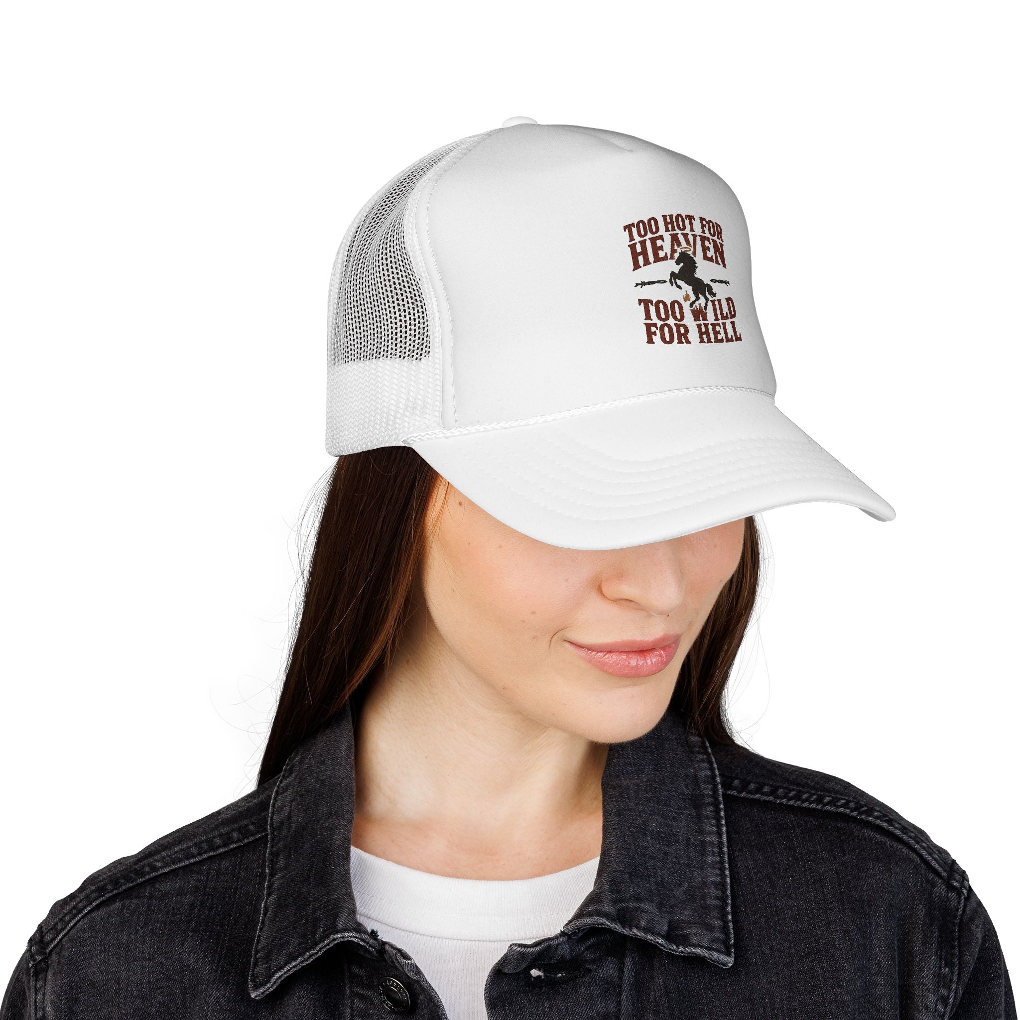 Too Hot for Heaven Too Wild for Hell Trucker Cap — Outlaw Love Embroidered Hat