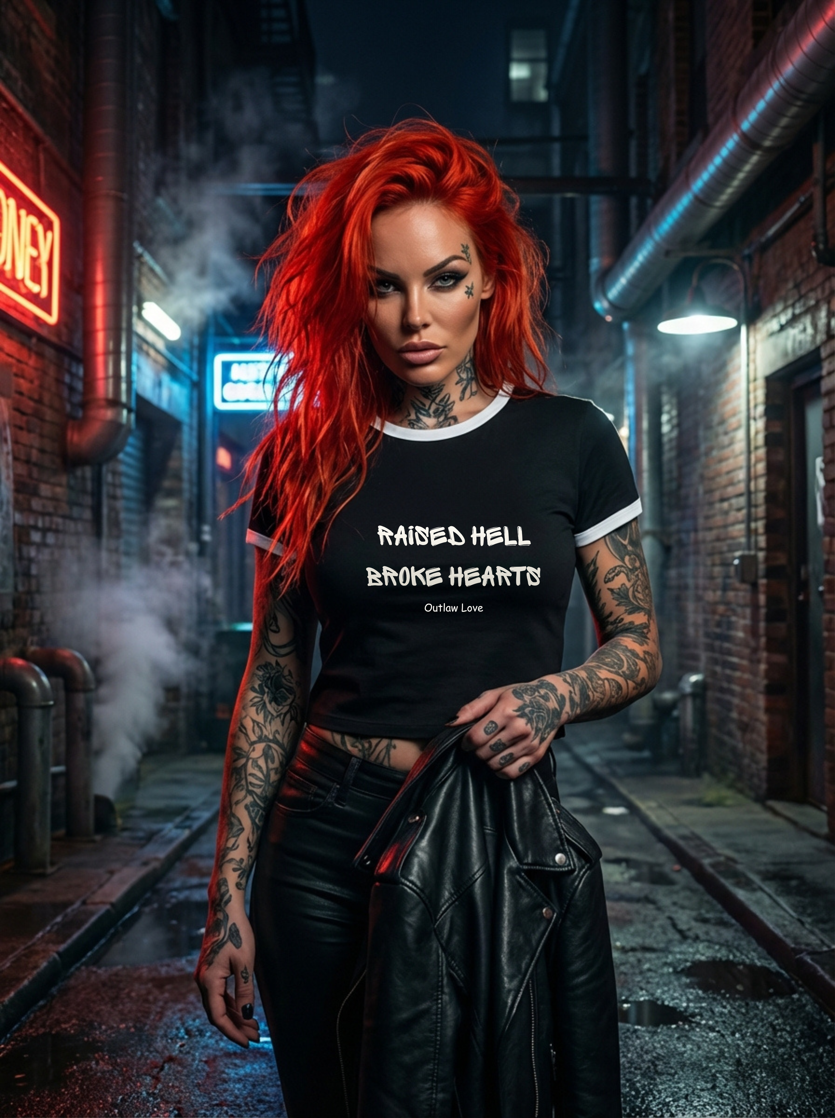 Raised Hell Broke Hearts Ringer Tee — Women's Outlaw Love Statement T‑Shirt