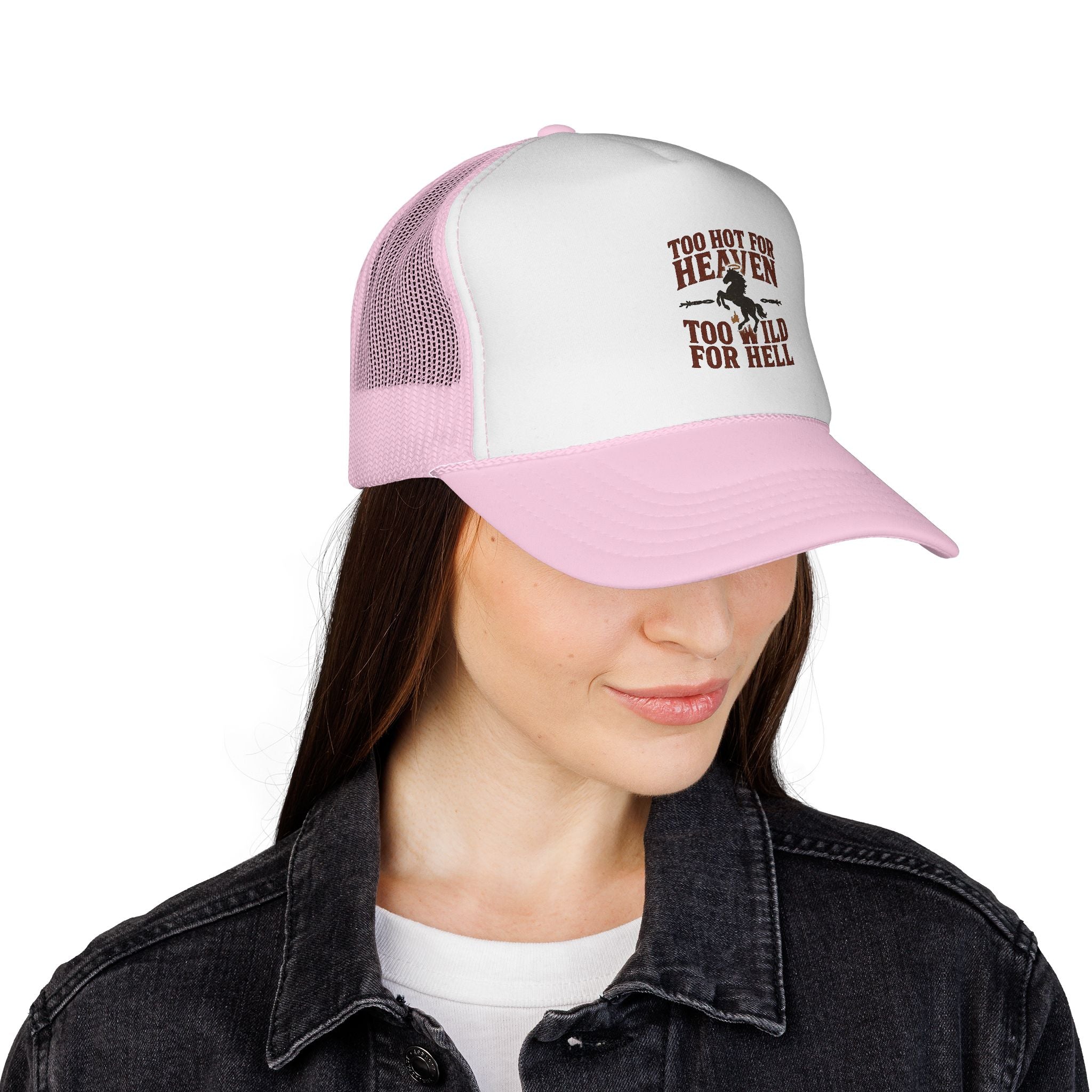 Too Hot for Heaven Too Wild for Hell Trucker Cap — Outlaw Love Embroidered Hat